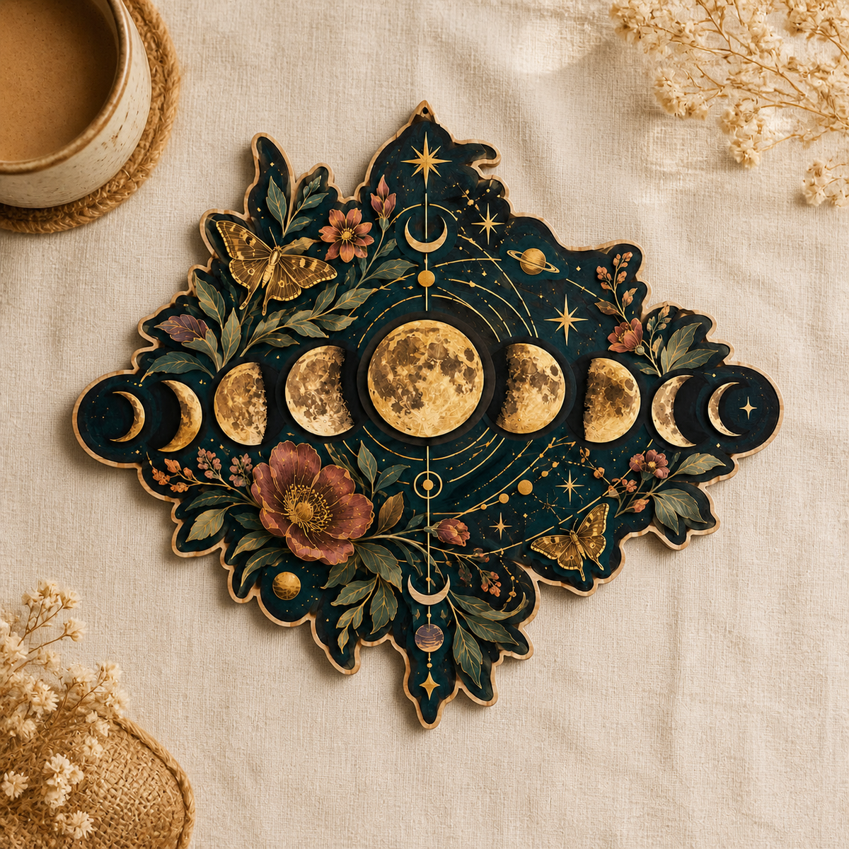 Gold Moon Phase Wooden Sign Diamond Shape Lunar Phases Wall Decor