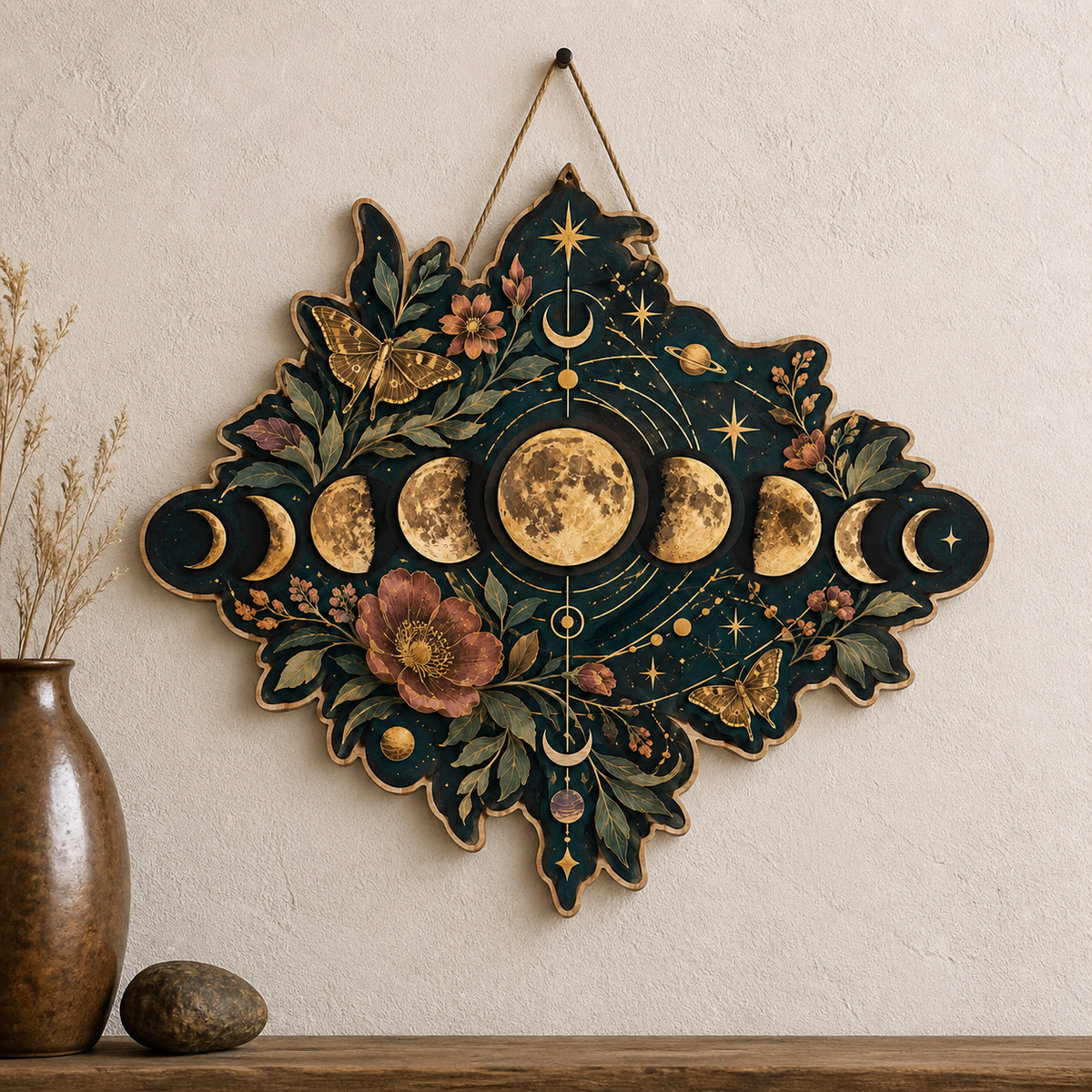 Gold Moon Phase Wooden Sign Diamond Shape Lunar Phases Wall Decor