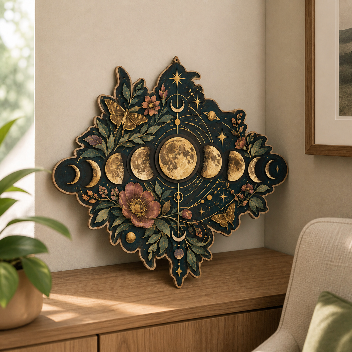 Gold Moon Phase Wooden Sign Diamond Shape Lunar Phases Wall Decor
