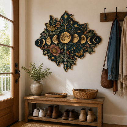 Gold Moon Phase Wooden Sign Diamond Shape Lunar Phases Wall Decor