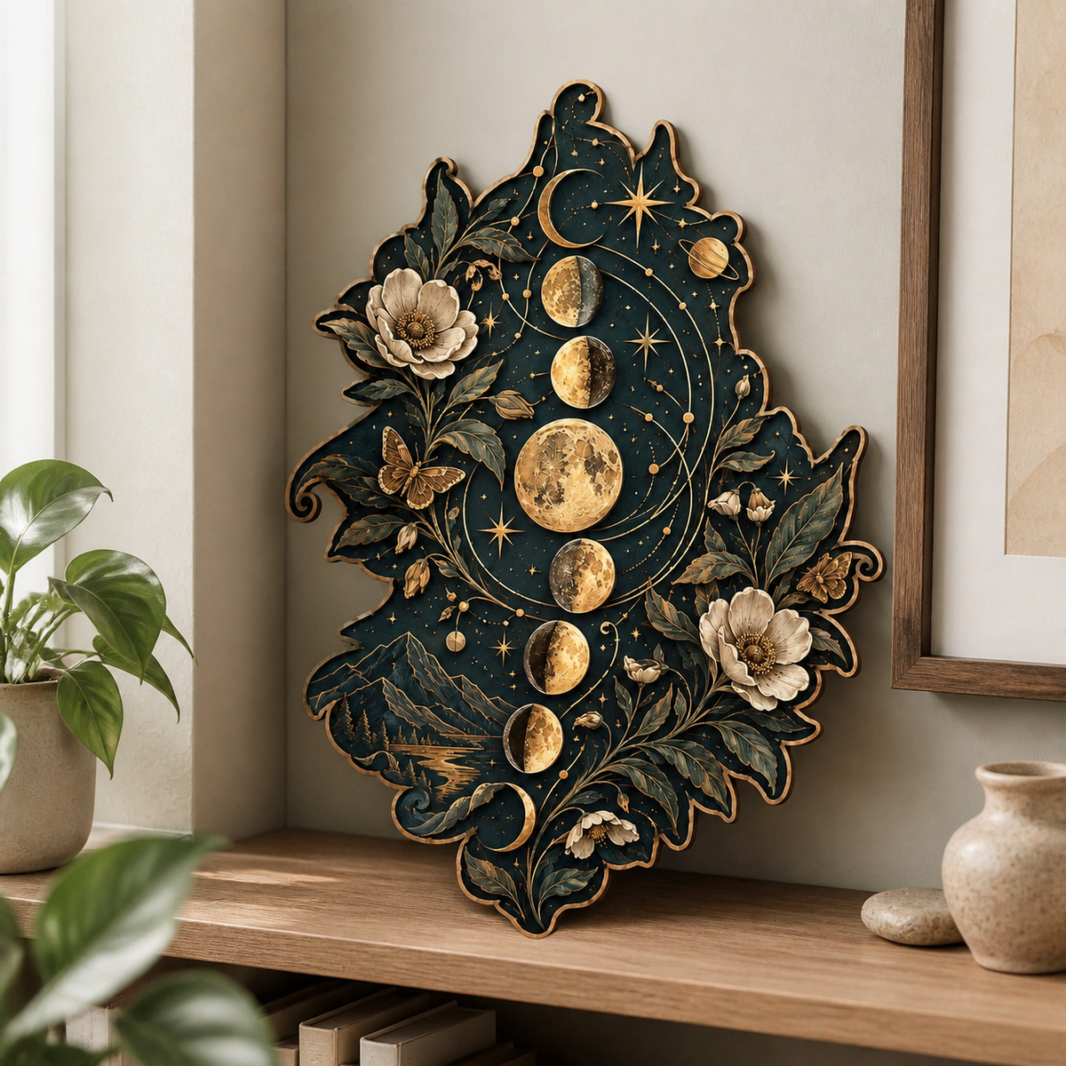 Gold Moon Phase Wooden Sign Vertical Leaf Lunar Cycle Home Decor