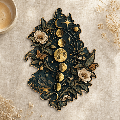 Gold Moon Phase Wooden Sign Vertical Leaf Lunar Cycle Home Decor