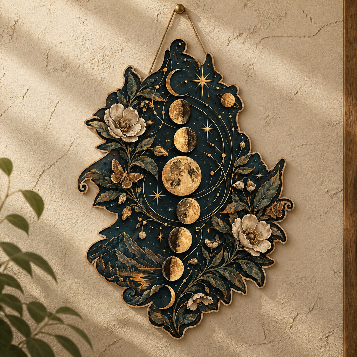 Gold Moon Phase Wooden Sign Vertical Leaf Lunar Cycle Home Decor