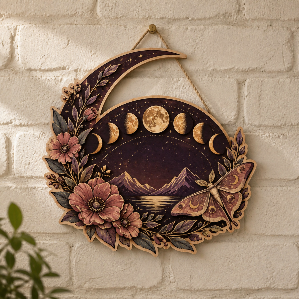 Gold Moon Phase Wooden Sign, Pink Floral Art Decor