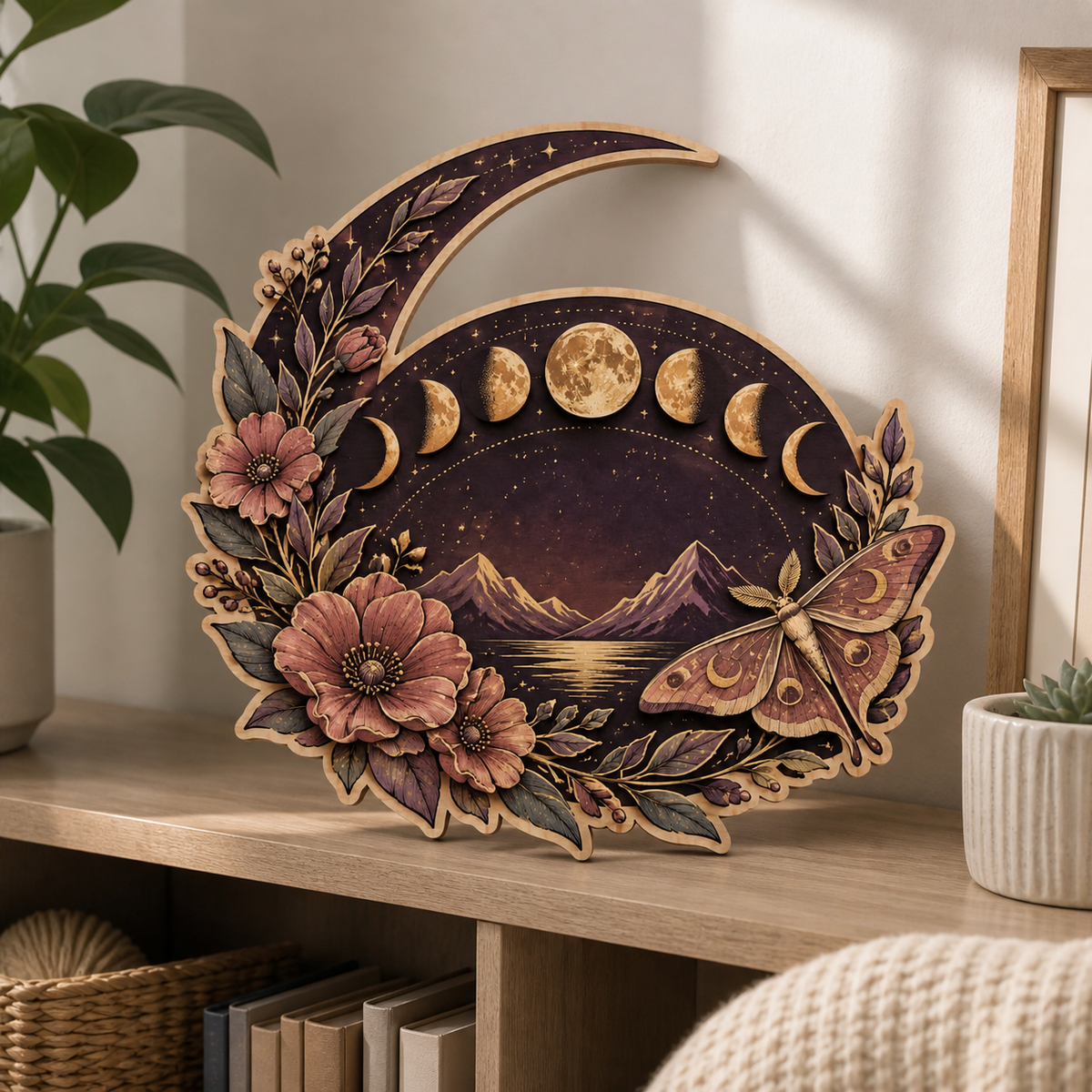 Gold Moon Phase Wooden Sign, Pink Floral Art Decor