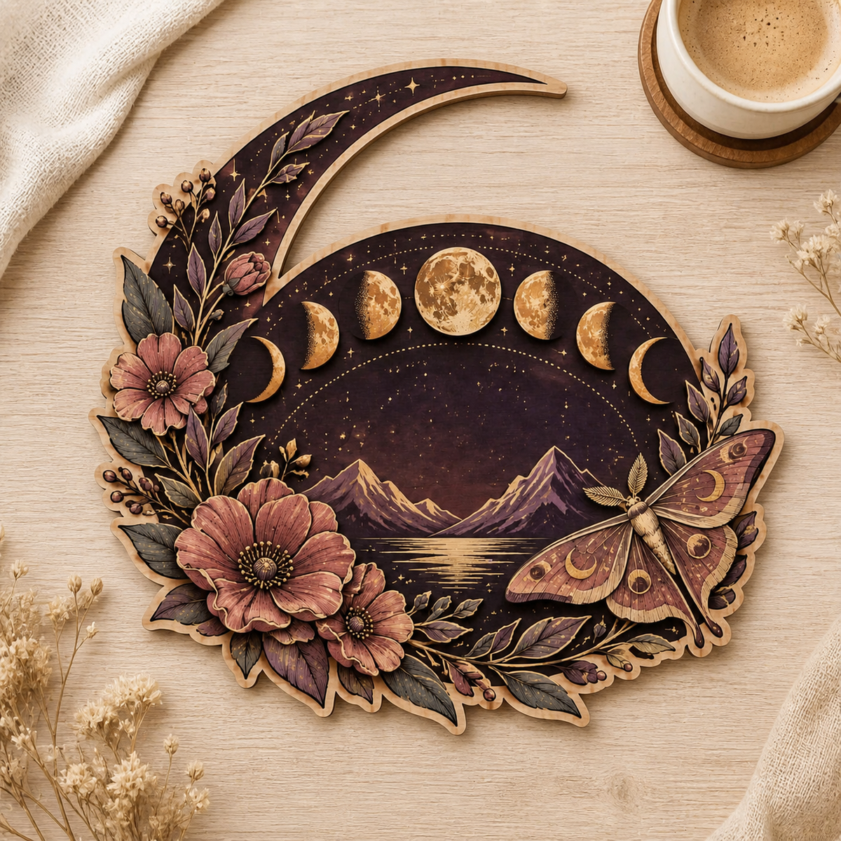 Gold Moon Phase Wooden Sign, Pink Floral Art Decor