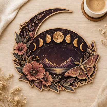 Gold Moon Phase Wooden Sign, Pink Floral Art Decor