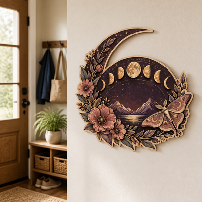 Gold Moon Phase Wooden Sign, Pink Floral Art Decor