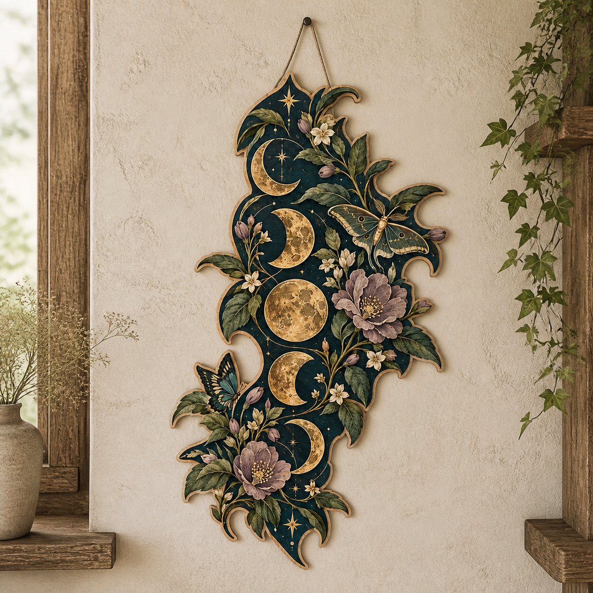 Gold Moon Phase Wooden Sign Green Luna Moth Purple Blooms Decor