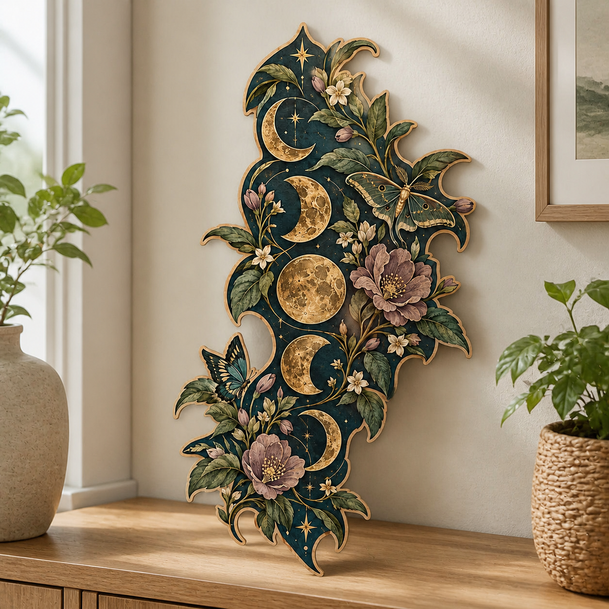 Gold Moon Phase Wooden Sign Green Luna Moth Purple Blooms Decor