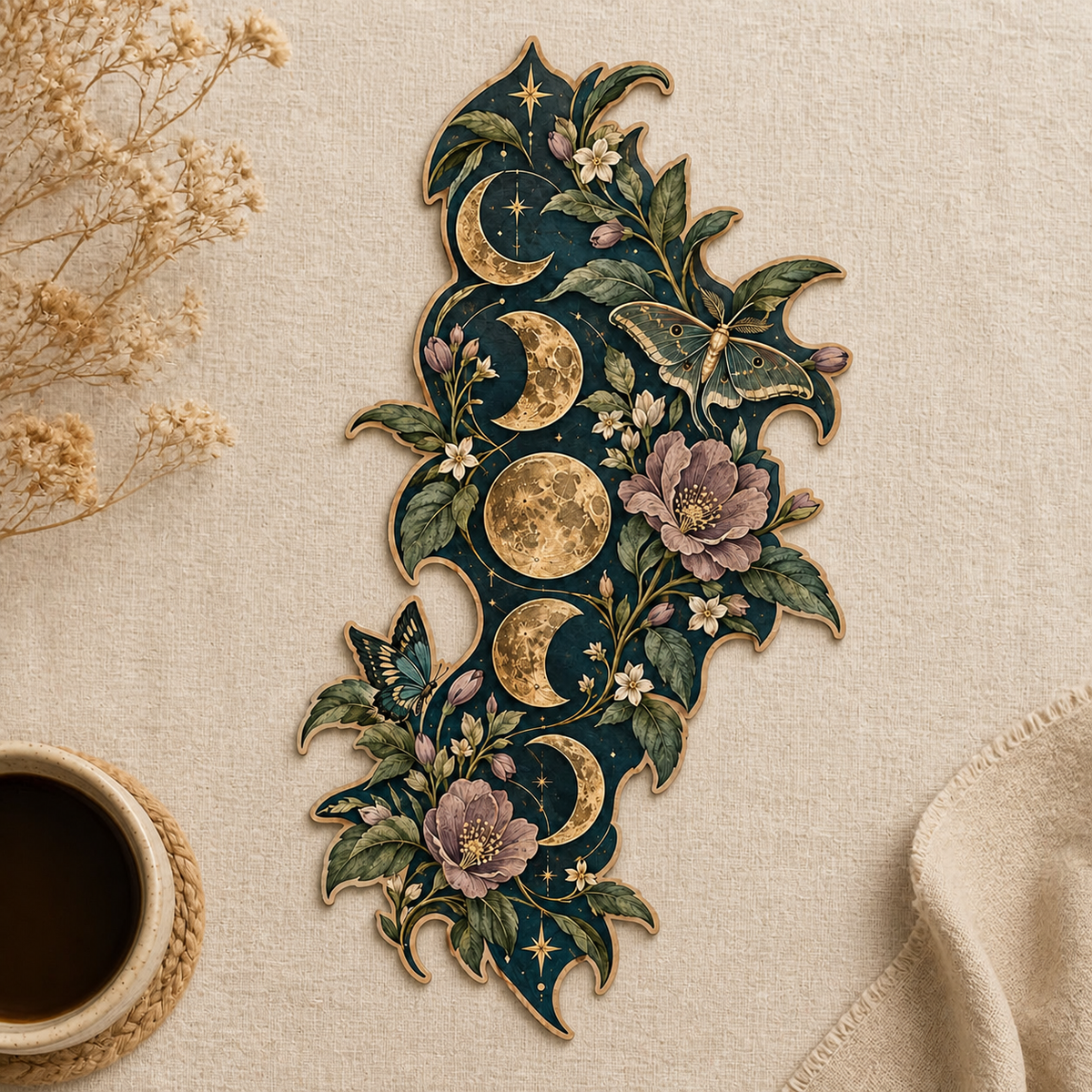 Gold Moon Phase Wooden Sign Green Luna Moth Purple Blooms Decor