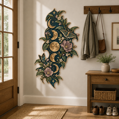 Gold Moon Phase Wooden Sign Green Luna Moth Purple Blooms Decor