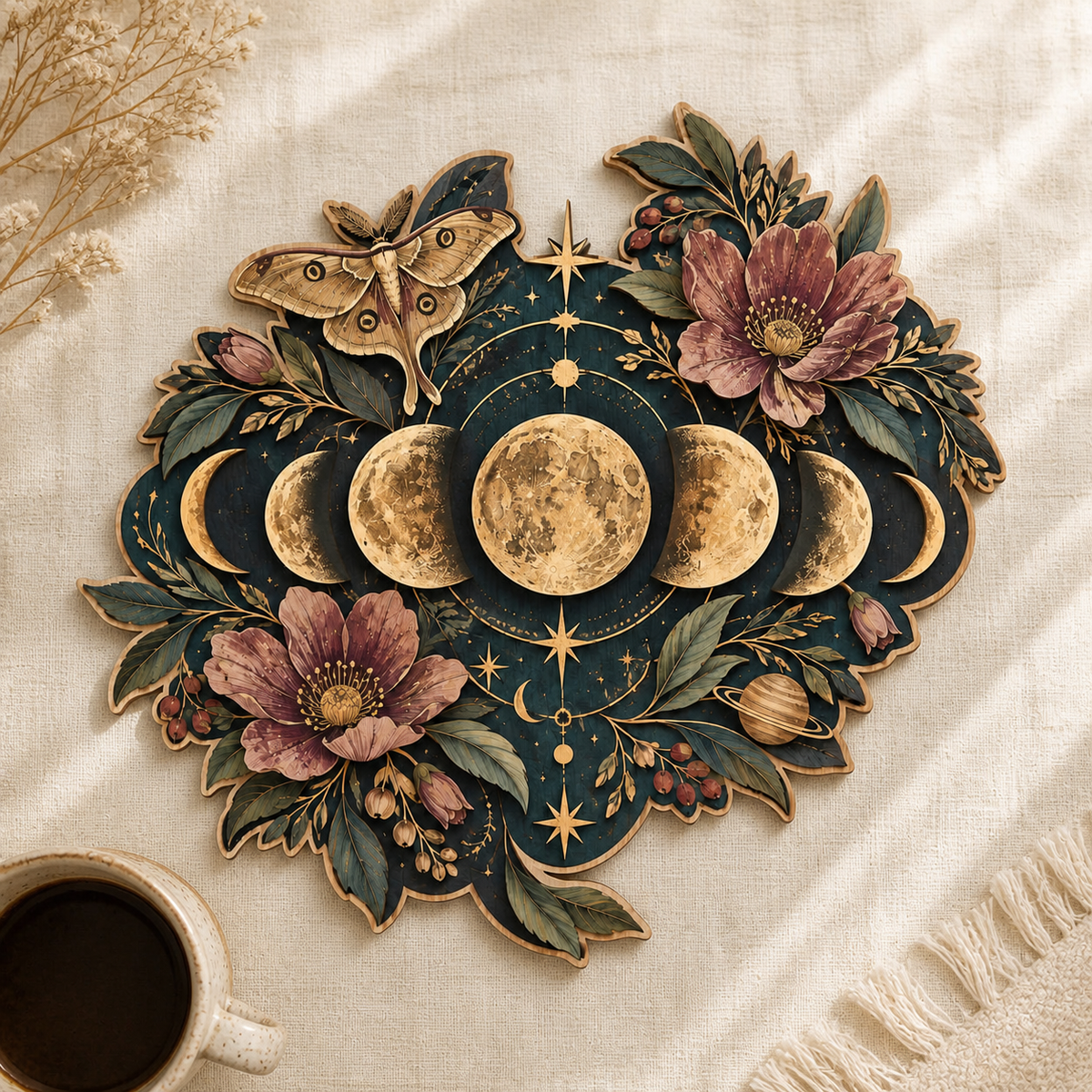Gold Moon Phase Wooden Sign Full Moon Peony Flowers & Moth Celestial Decor