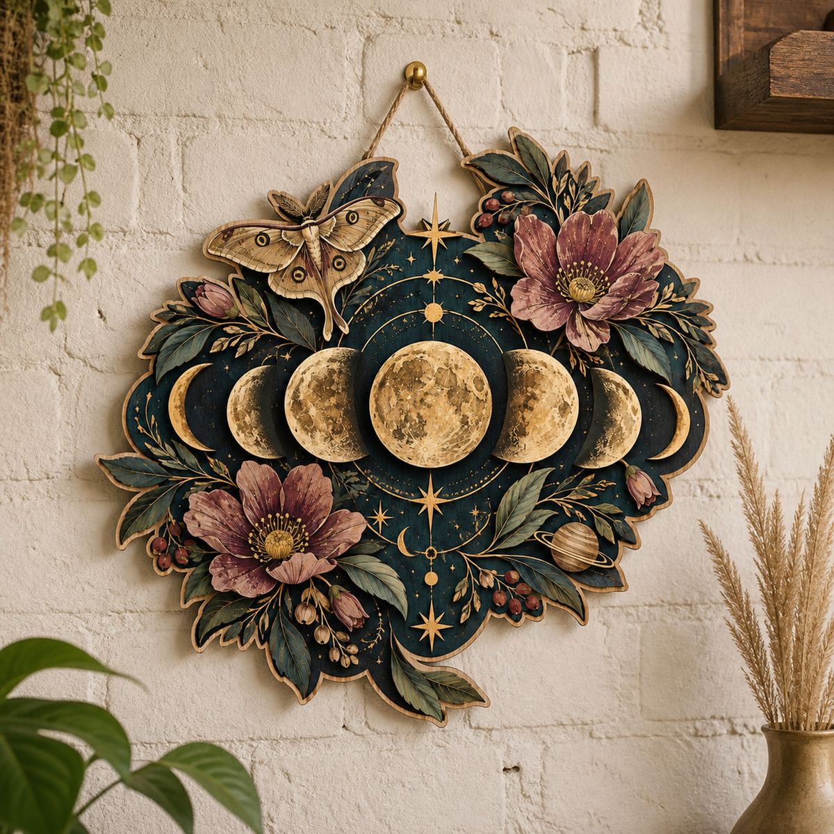 Gold Moon Phase Wooden Sign Full Moon Peony Flowers & Moth Celestial Decor