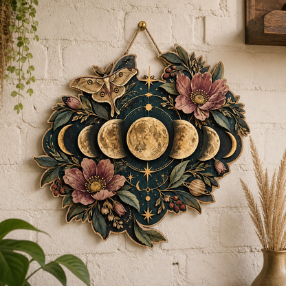 Gold Moon Phase Wooden Sign Full Moon Peony Flowers & Moth Celestial Decor