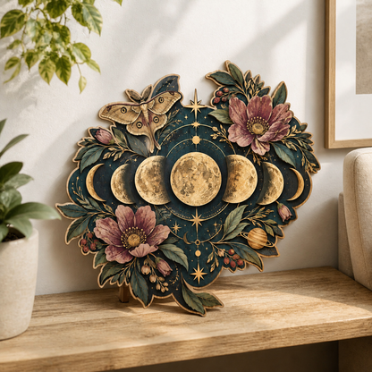 Gold Moon Phase Wooden Sign Full Moon Peony Flowers & Moth Celestial Decor