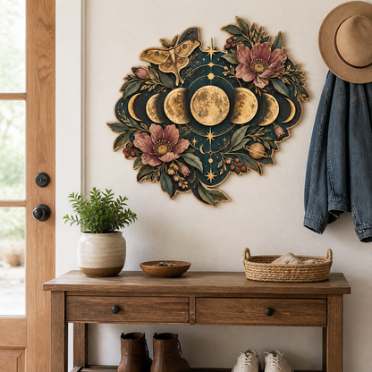 Gold Moon Phase Wooden Sign Full Moon Peony Flowers & Moth Celestial Decor