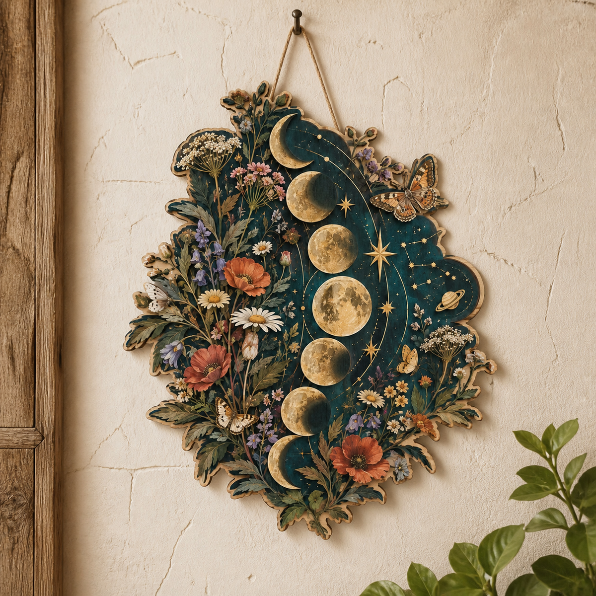 Gold Moon Phase Wooden Sign Tall Wildflower Lunar Cycle Wall Art