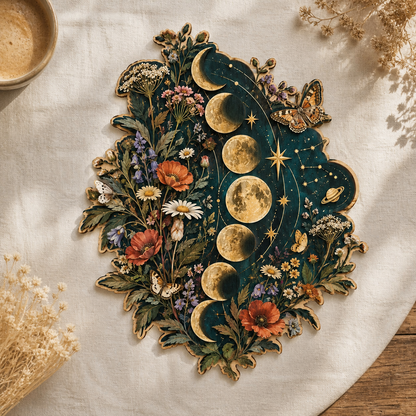 Gold Moon Phase Wooden Sign Tall Wildflower Lunar Cycle Wall Art