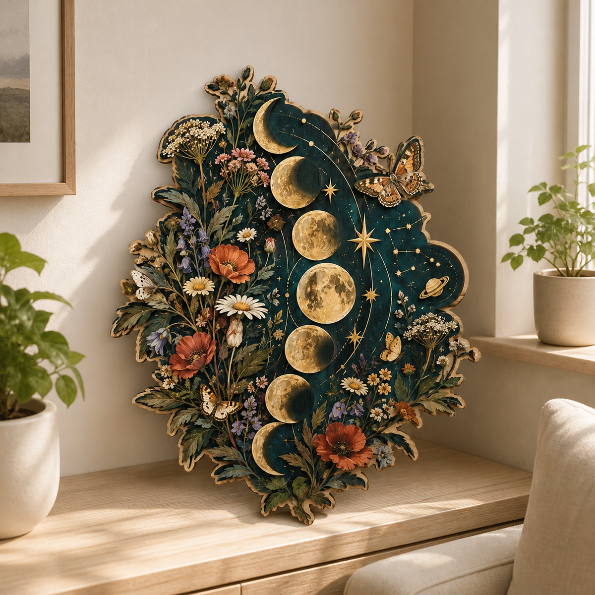 Gold Moon Phase Wooden Sign Tall Wildflower Lunar Cycle Wall Art