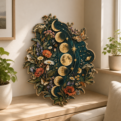 Gold Moon Phase Wooden Sign Tall Wildflower Lunar Cycle Wall Art