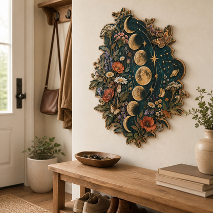 Gold Moon Phase Wooden Sign Tall Wildflower Lunar Cycle Wall Art