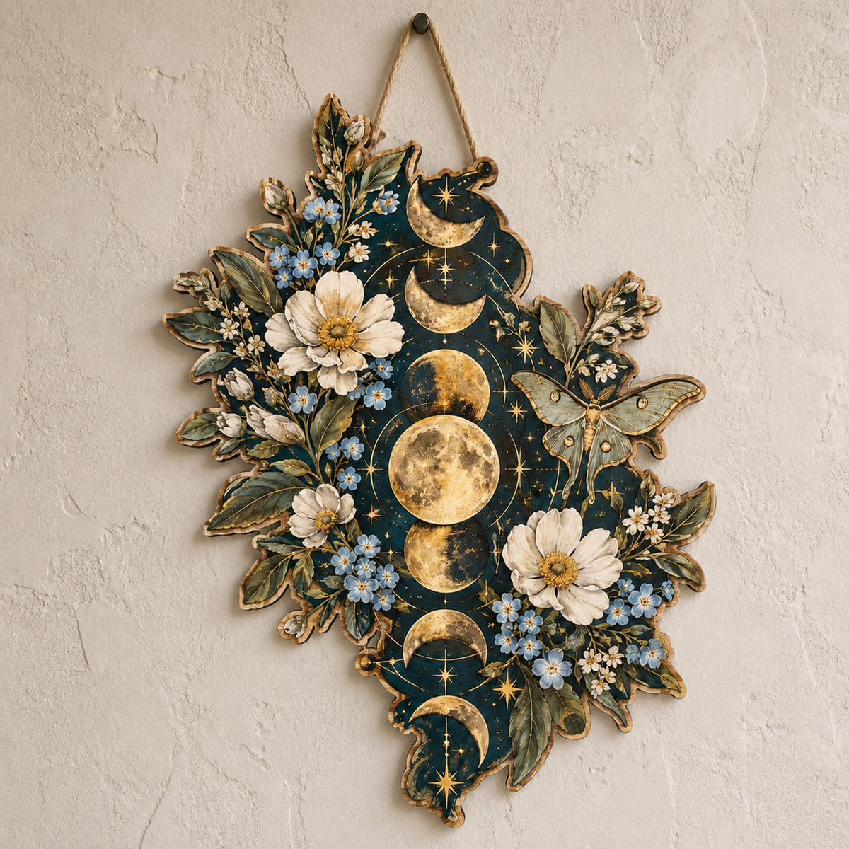 Gold Moon Phase Wooden Sign, Leaf Shape Art, Green Luna Moth Home Decor