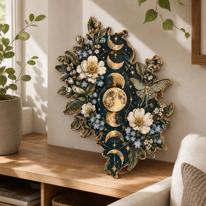 Gold Moon Phase Wooden Sign, Leaf Shape Art, Green Luna Moth Home Decor