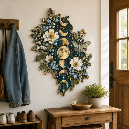 Gold Moon Phase Wooden Sign, Leaf Shape Art, Green Luna Moth Home Decor
