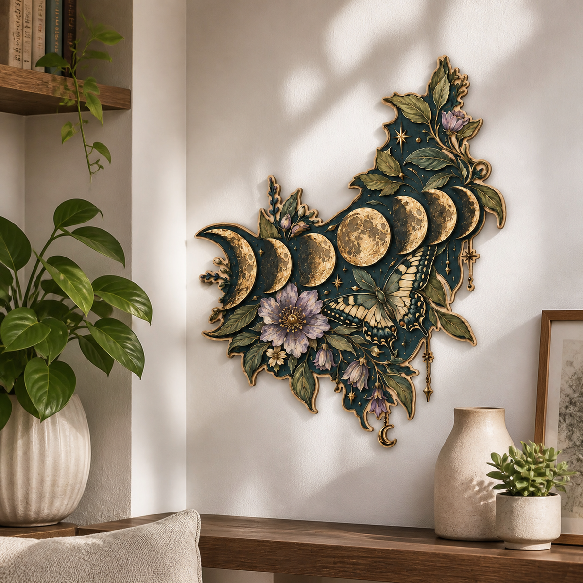 Gold Moon Phase Wooden Sign Crescent Curve Lunar Phases Wall Art