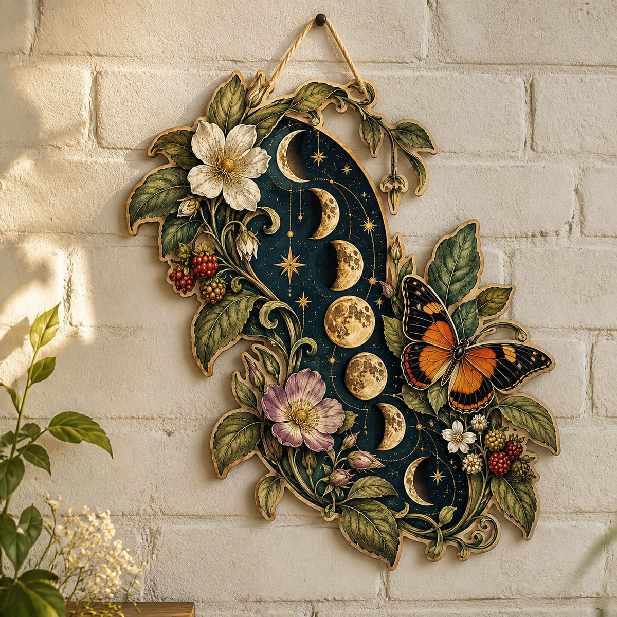 Gold Moon Phase Wooden Sign Botanical Lunar Cycle Wall Decor