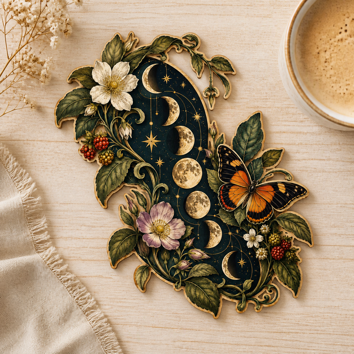 Gold Moon Phase Wooden Sign Botanical Lunar Cycle Wall Decor