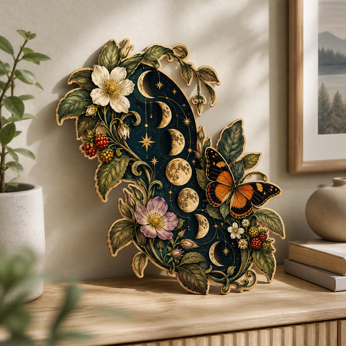 Gold Moon Phase Wooden Sign Botanical Lunar Cycle Wall Decor