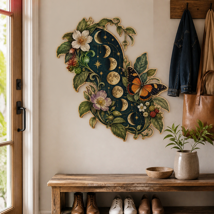 Gold Moon Phase Wooden Sign Botanical Lunar Cycle Wall Decor