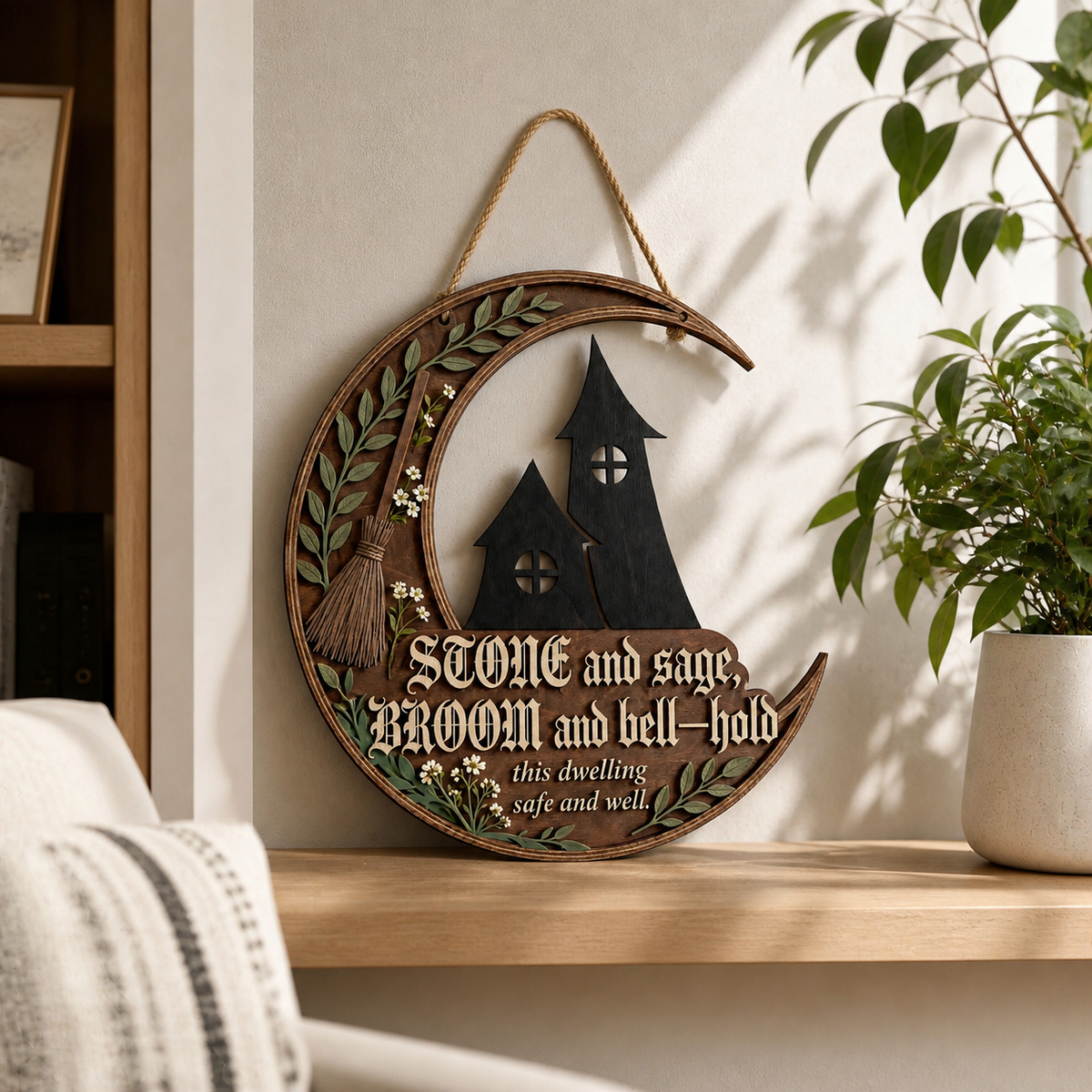 Wicca House Blessing Wooden Sign, Herbal Wall Art For Black Witch House, Crescent Moon Decor