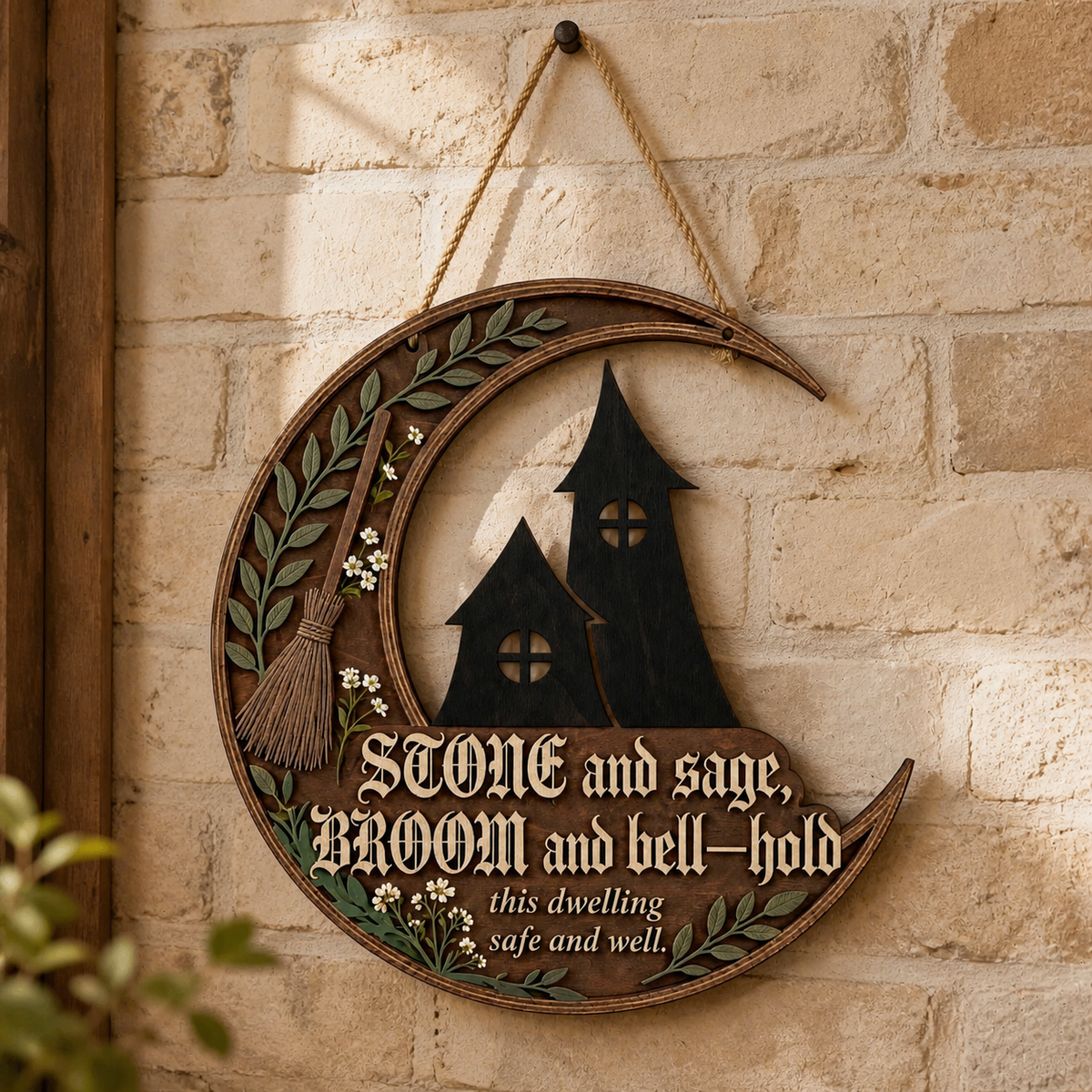 Wicca House Blessing Wooden Sign, Herbal Wall Art For Black Witch House, Crescent Moon Decor