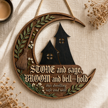 Wicca House Blessing Wooden Sign, Herbal Wall Art For Black Witch House, Crescent Moon Decor