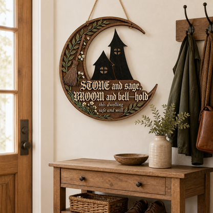 Wicca House Blessing Wooden Sign, Herbal Wall Art For Black Witch House, Crescent Moon Decor