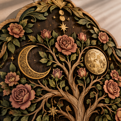 Tree of Life Sun and Moon Wooden Wall Art, Multi Layer Wood Sign, Celestial Rose Tree Decor
