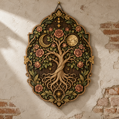 Tree of Life Sun and Moon Wooden Wall Art, Multi Layer Wood Sign, Celestial Rose Tree Decor