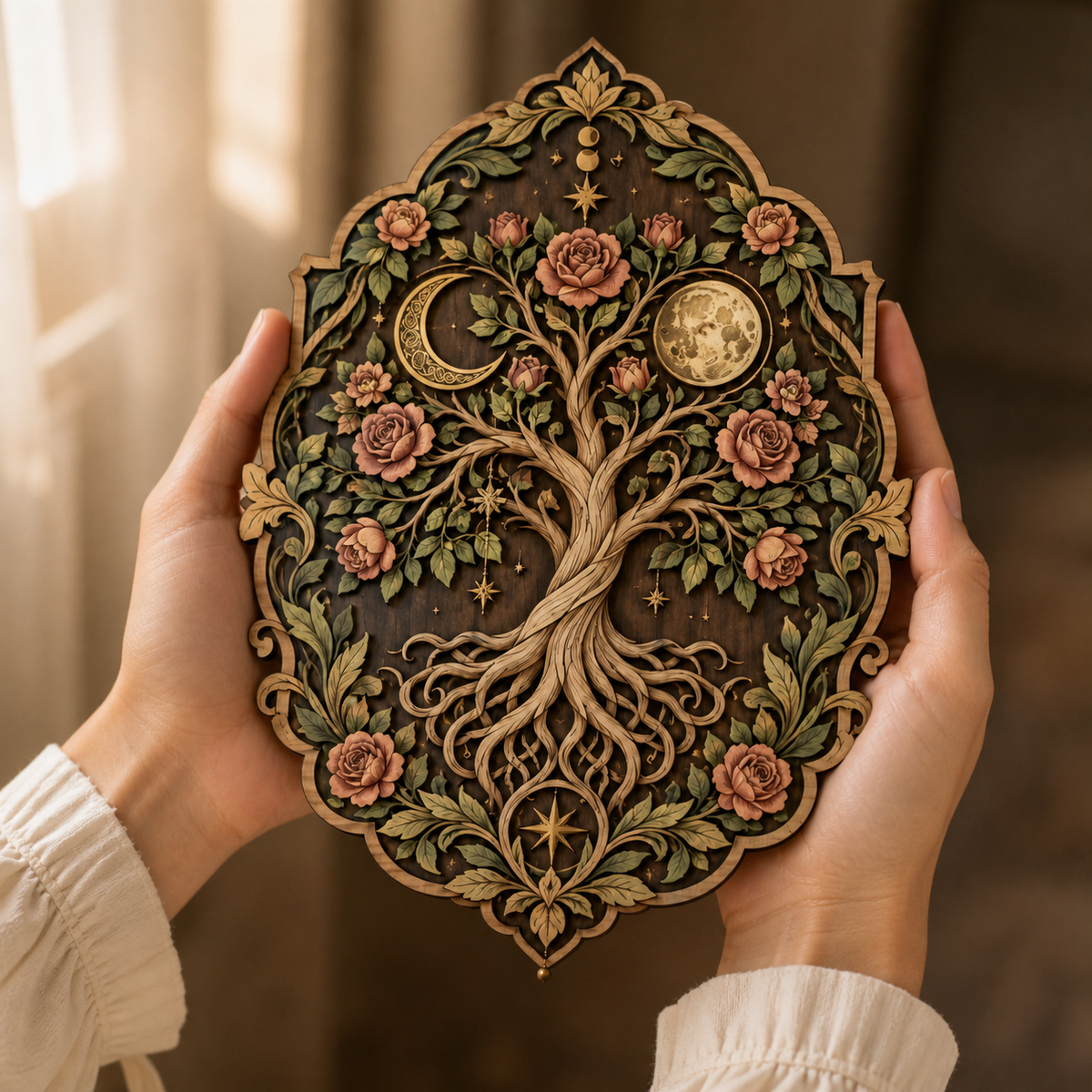 Tree of Life Sun and Moon Wooden Wall Art, Multi Layer Wood Sign, Celestial Rose Tree Decor