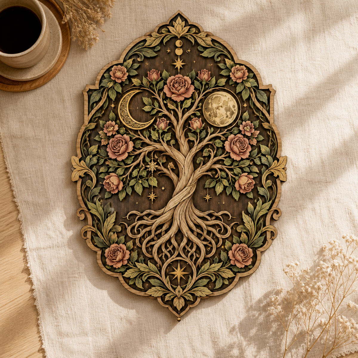 Tree of Life Sun and Moon Wooden Wall Art, Multi Layer Wood Sign, Celestial Rose Tree Decor