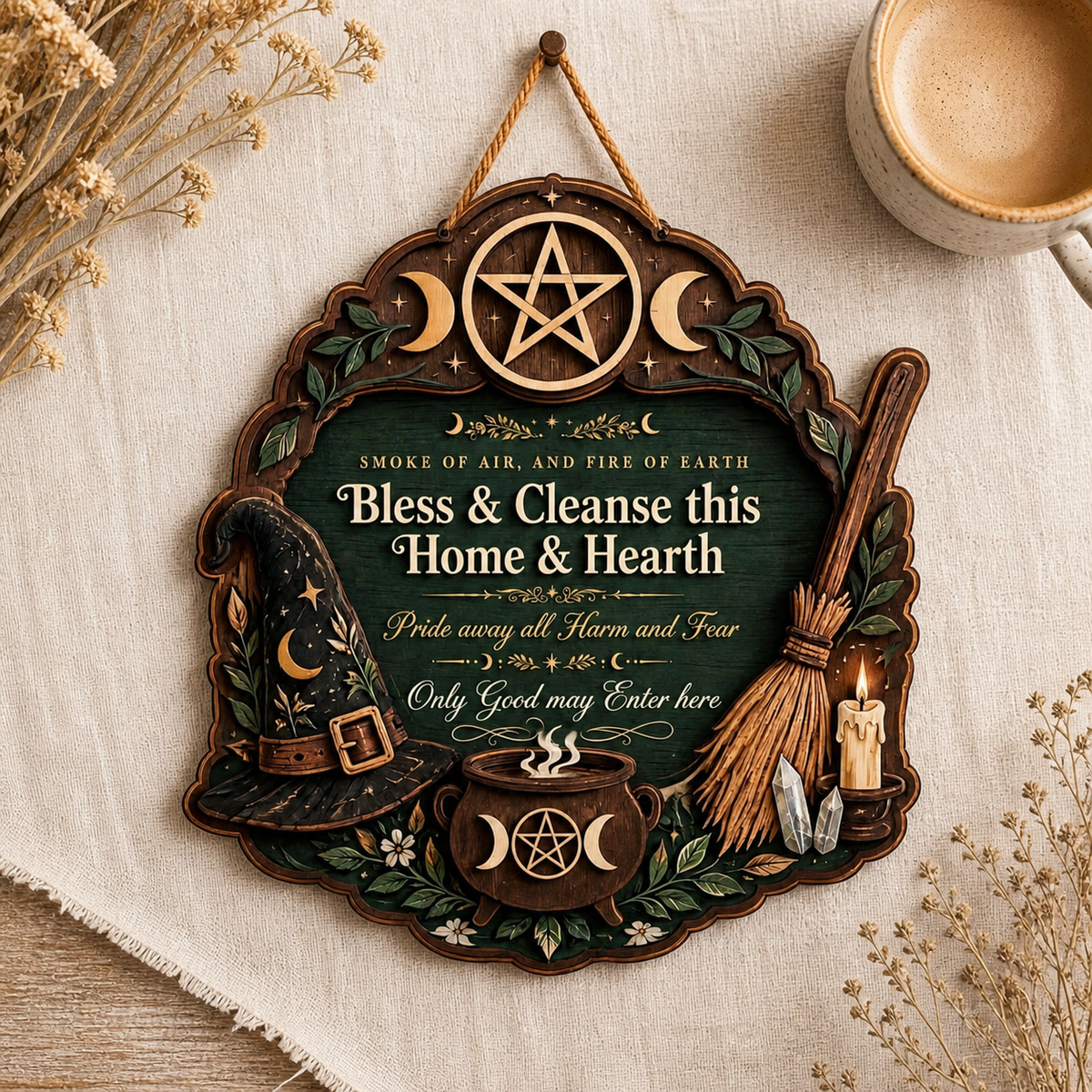 Wicca House Blessing Wooden Sign Witch Hat Broom Door Hanger