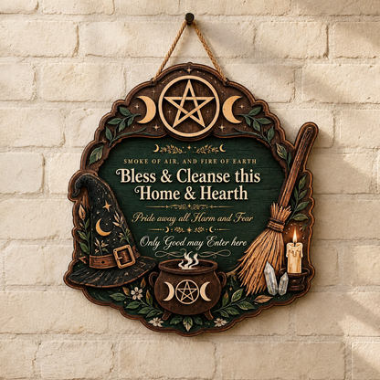 Wicca House Blessing Wooden Sign Witch Hat Broom Door Hanger