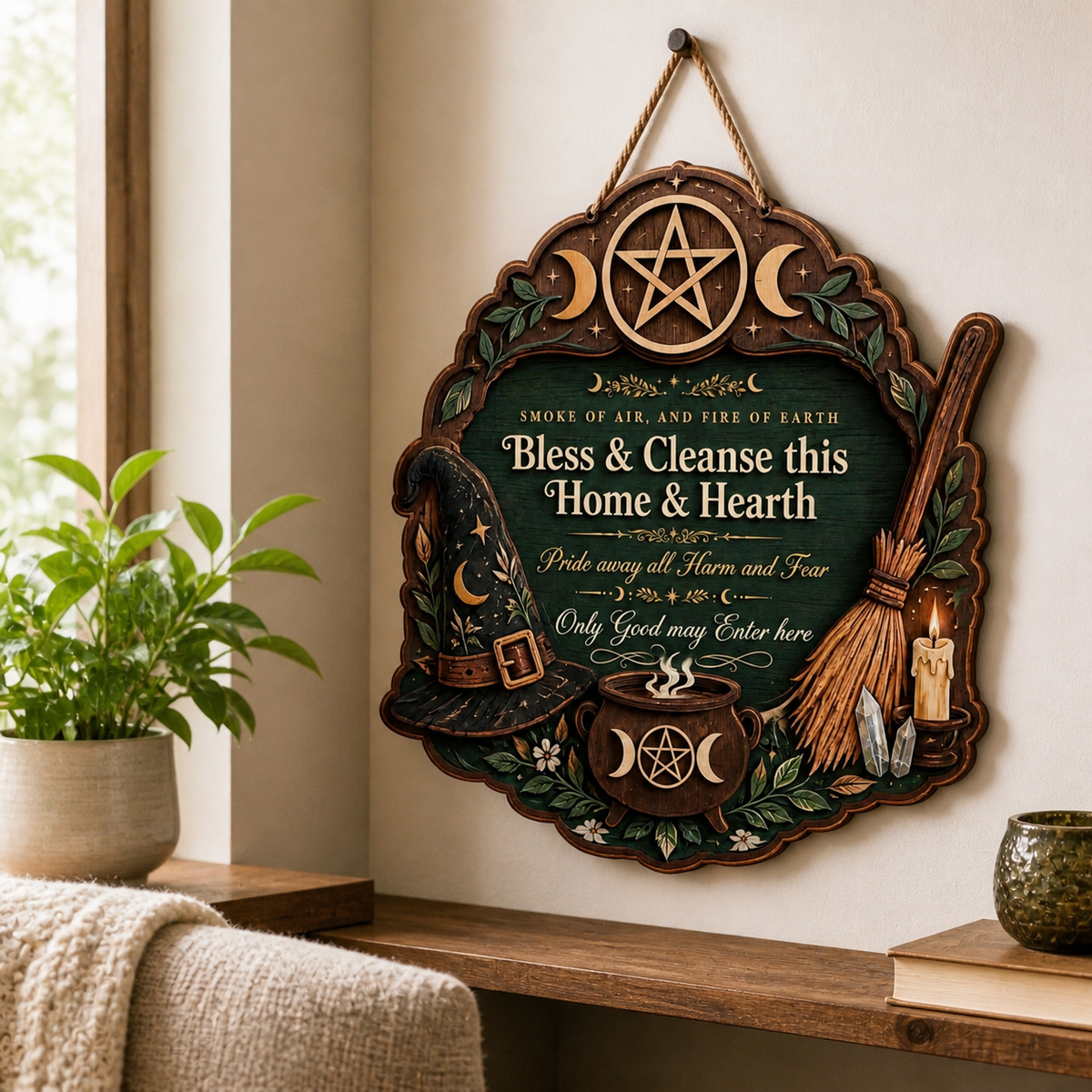 Wicca House Blessing Wooden Sign Witch Hat Broom Door Hanger