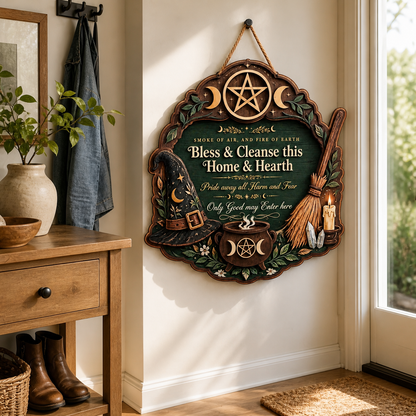 Wicca House Blessing Wooden Sign Witch Hat Broom Door Hanger