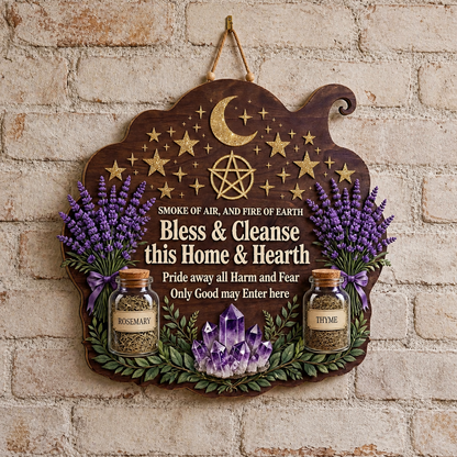 Wicca House Blessing Wooden Sign, Lavender Herbs Jars Door Hanger