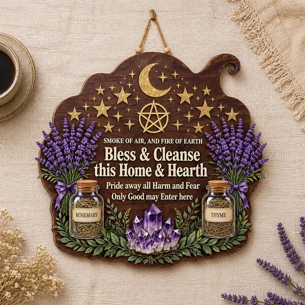Wicca House Blessing Wooden Sign, Lavender Herbs Jars Door Hanger