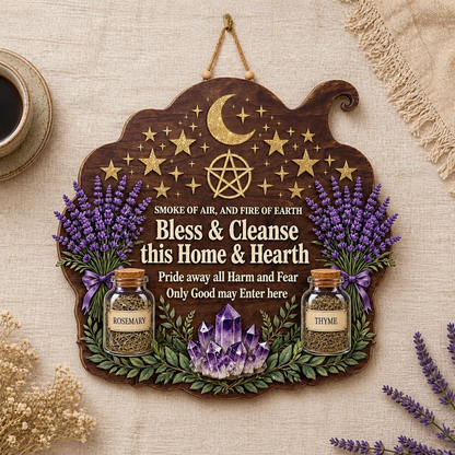 Wicca House Blessing Wooden Sign, Lavender Herbs Jars Door Hanger