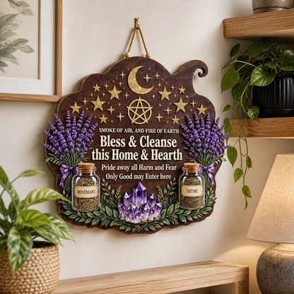Wicca House Blessing Wooden Sign, Lavender Herbs Jars Door Hanger